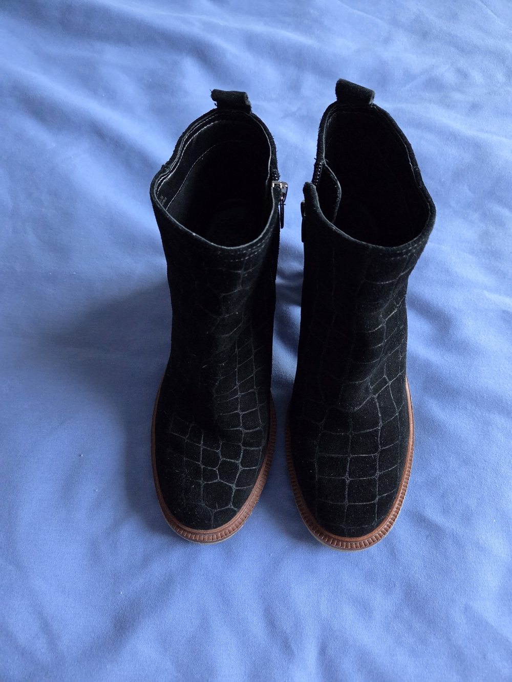 Vince Camuto Black Croc-Embossed Ankle Booties with Brown Trim